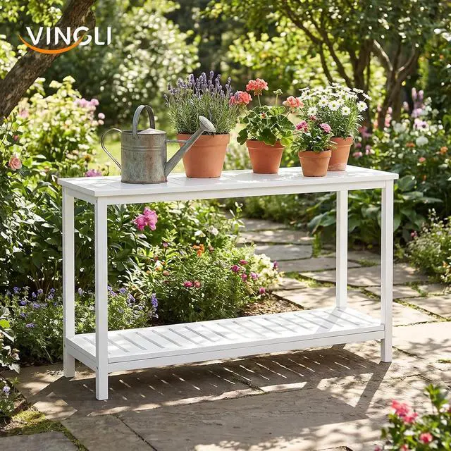 Alt view image 2 of 7 - VINGLI 49in 49.21" Solid Wood Outdoor Console Table, 2-Tier Patio Buffet Bar Table, Multi-Functional Storage Sideboard for Garden, Porch, Balcony (White)