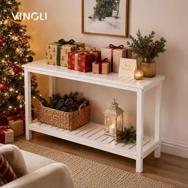 Alt view image 7 of 7 - VINGLI 49in 49.21" Solid Wood Outdoor Console Table, 2-Tier Patio Buffet Bar Table, Multi-Functional Storage Sideboard for Garden, Porch, Balcony (White)