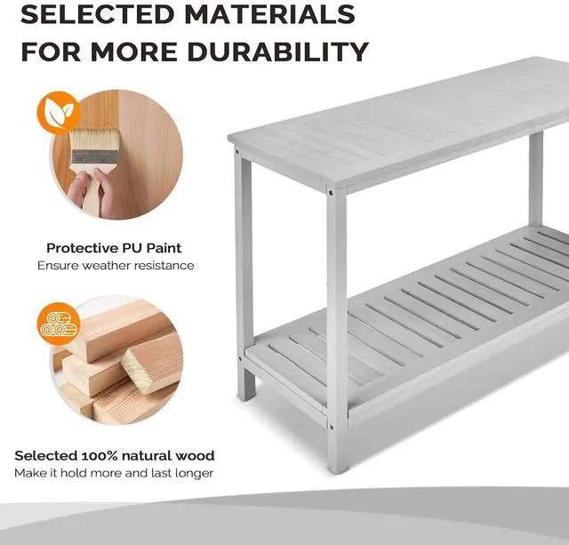 Alt view image 5 of 7 - VINGLI 49in Solid Wood Outdoor Console Table, 2-Shelf Wooden Outdoor Accent Plant Table Multifunctional Buffet Bar Storage Organizer for Indoor Patio Porch and Entryway (Gray)