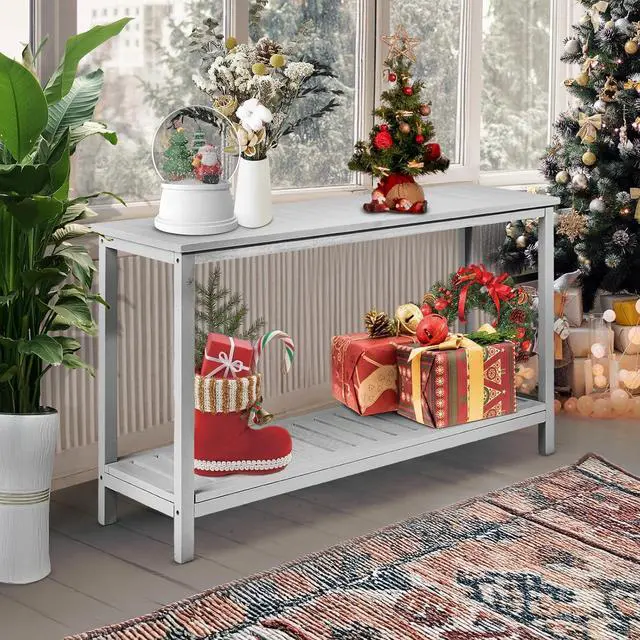 Alt view image 2 of 7 - VINGLI 49in Solid Wood Outdoor Console Table, 2-Shelf Wooden Outdoor Accent Plant Table Multifunctional Buffet Bar Storage Organizer for Indoor Patio Porch and Entryway (Gray)