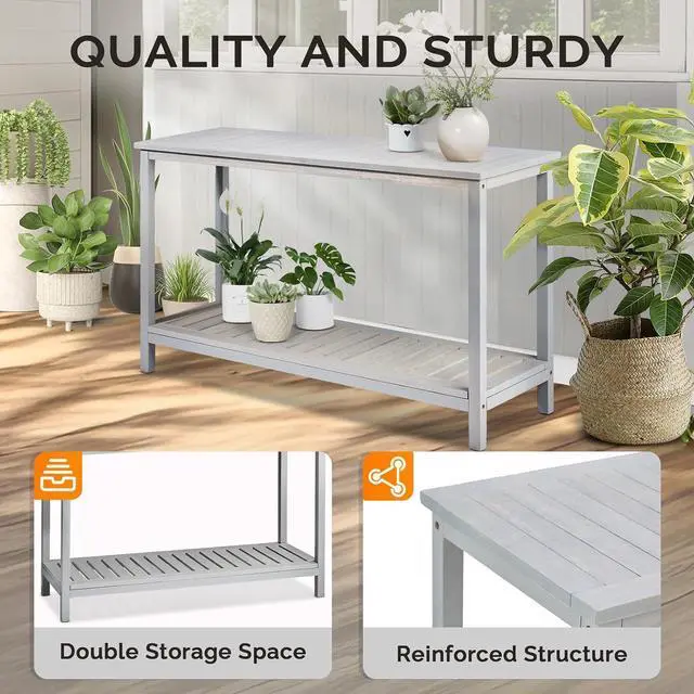 Alt view image 6 of 7 - VINGLI 49in Solid Wood Outdoor Console Table, 2-Shelf Wooden Outdoor Accent Plant Table Multifunctional Buffet Bar Storage Organizer for Indoor Patio Porch and Entryway (Gray)