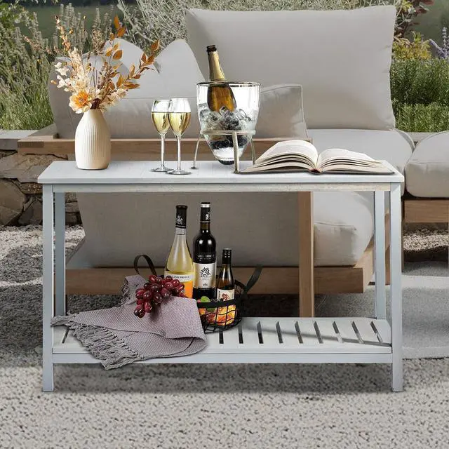 Alt view image 7 of 7 - VINGLI 49in Solid Wood Outdoor Console Table, 2-Shelf Wooden Outdoor Accent Plant Table Multifunctional Buffet Bar Storage Organizer for Indoor Patio Porch and Entryway (Gray)
