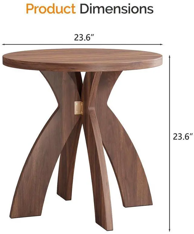 Alt view image 2 of 7 - VINGLI 24" Round Side Table with Cross Legs, Wood Side Table, Walnut | Mid Century Modern Side Table, Wooden Side Table X-legs for Living Room, Small space, Office