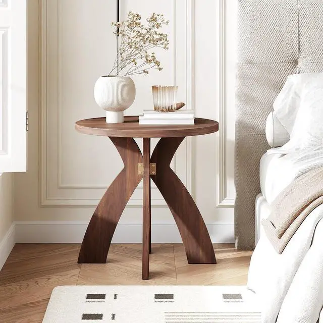 Alt view image 3 of 7 - VINGLI 24" Round Side Table with Cross Legs, Wood Side Table, Walnut | Mid Century Modern Side Table, Wooden Side Table X-legs for Living Room, Small space, Office
