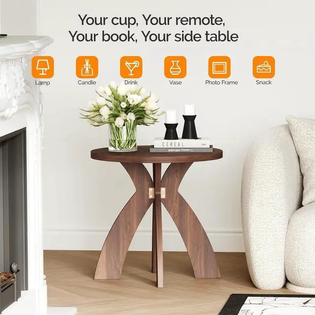 Alt view image 4 of 7 - VINGLI 24" Round Side Table with Cross Legs, Wood Side Table, Walnut | Mid Century Modern Side Table, Wooden Side Table X-legs for Living Room, Small space, Office