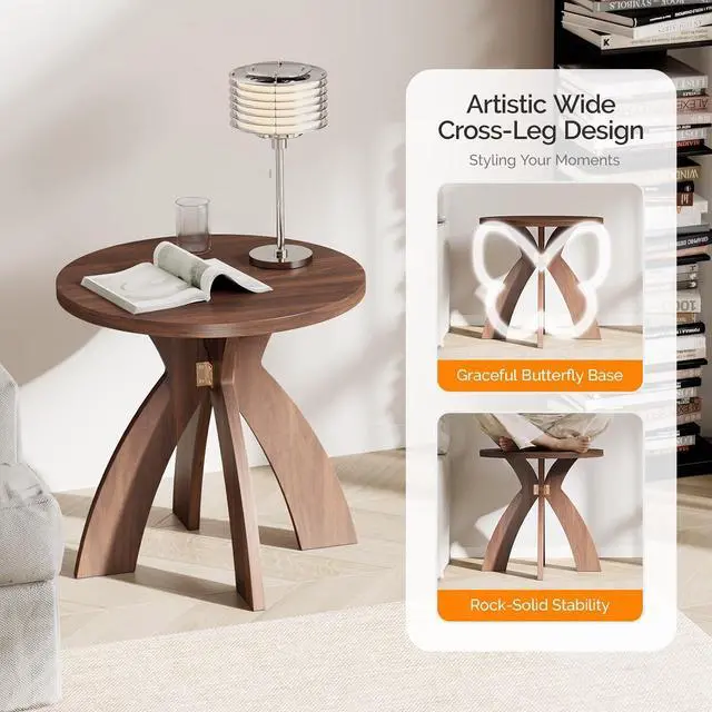 Alt view image 5 of 7 - VINGLI 24" Round Side Table with Cross Legs, Wood Side Table, Walnut | Mid Century Modern Side Table, Wooden Side Table X-legs for Living Room, Small space, Office