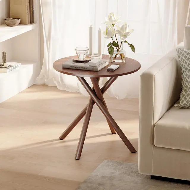 Alt view image 3 of 7 - VINGLI 24" Round Side Table with Criss-Cross Legs, Rustic End Table, Walnut | Rustic Small Coffee Table for Small Spaces, Living Room, Bedroom, Office
