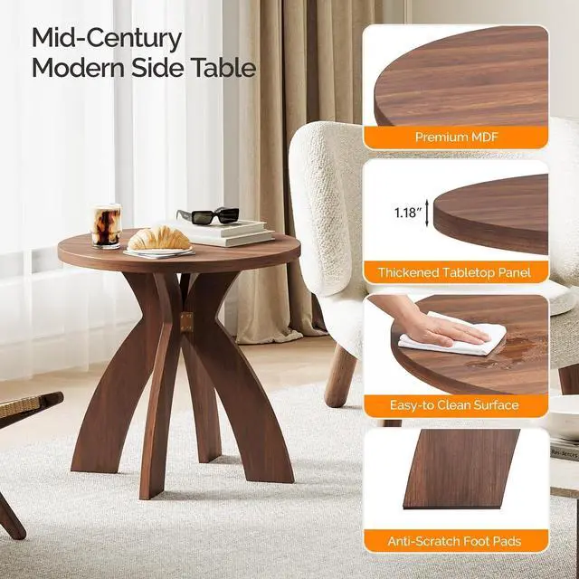 Alt view image 6 of 7 - VINGLI 24" Round Side Table with Cross Legs, Wood Side Table, Walnut | Mid Century Modern Side Table, Wooden Side Table X-legs for Living Room, Small space, Office