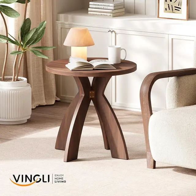 Alt view image 7 of 7 - VINGLI 24" Round Side Table with Cross Legs, Wood Side Table, Walnut | Mid Century Modern Side Table, Wooden Side Table X-legs for Living Room, Small space, Office