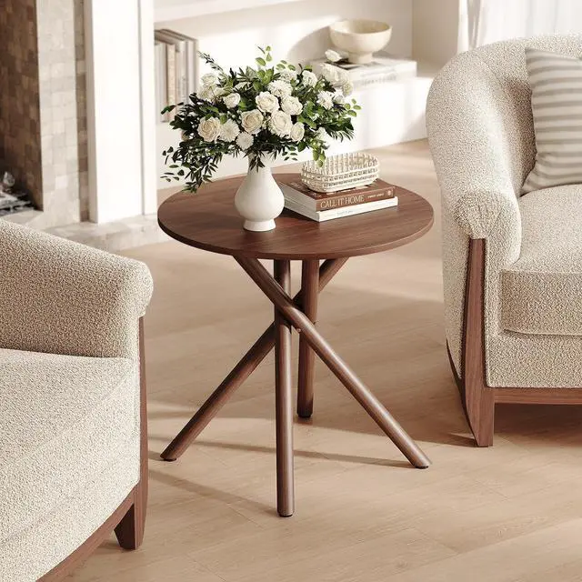 Alt view image 6 of 7 - VINGLI 24" Round Side Table with Criss-Cross Legs, Rustic End Table, Walnut | Rustic Small Coffee Table for Small Spaces, Living Room, Bedroom, Office