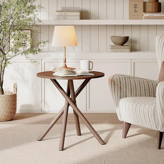 Alt view image 7 of 7 - VINGLI 24" Round Side Table with Criss-Cross Legs, Rustic End Table, Walnut | Rustic Small Coffee Table for Small Spaces, Living Room, Bedroom, Office