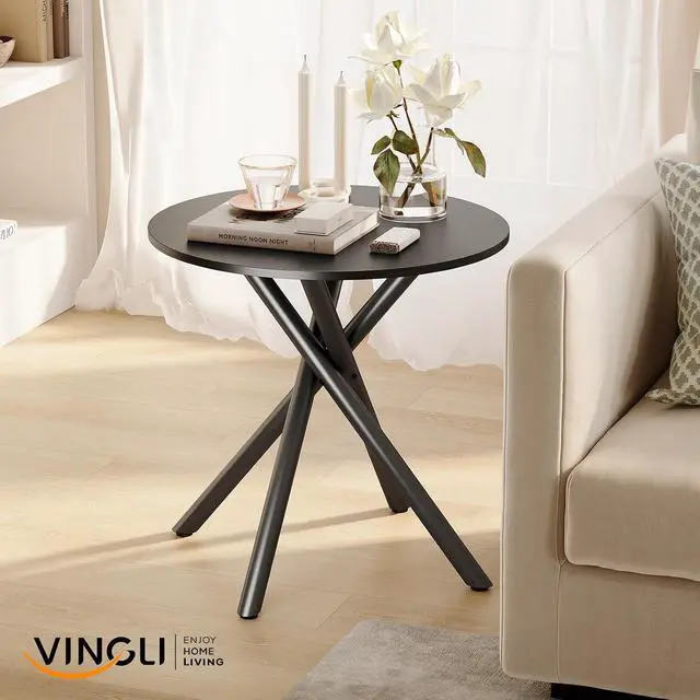 Alt view image 7 of 7 - VINGLI 24" Round Side Table with Criss-Cross Legs, Rustic End Table, Black | Rustic Small Coffee Table for Small Spaces, Living Room, Bedroom, Office