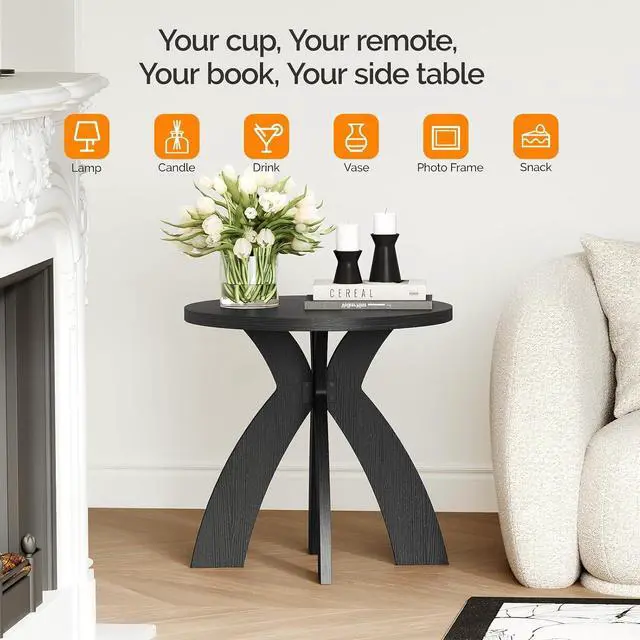 Alt view image 4 of 7 - VINGLI 24" Round Side Table with Cross Legs, Wood Side Table, Black | Mid Century Modern Side Table, Wooden Side Table X-legs for Living Room, Small space, Office