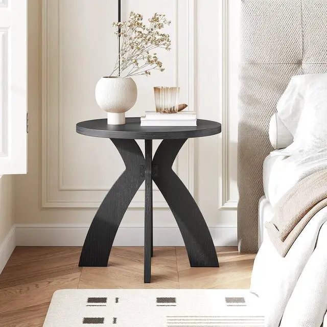 Alt view image 3 of 7 - VINGLI 24" Round Side Table with Cross Legs, Wood Side Table, Black | Mid Century Modern Side Table, Wooden Side Table X-legs for Living Room, Small space, Office