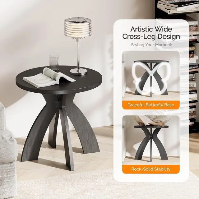 Alt view image 5 of 7 - VINGLI 24" Round Side Table with Cross Legs, Wood Side Table, Black | Mid Century Modern Side Table, Wooden Side Table X-legs for Living Room, Small space, Office