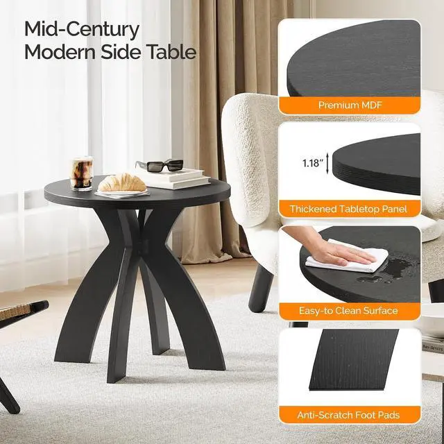 Alt view image 6 of 7 - VINGLI 24" Round Side Table with Cross Legs, Wood Side Table, Black | Mid Century Modern Side Table, Wooden Side Table X-legs for Living Room, Small space, Office