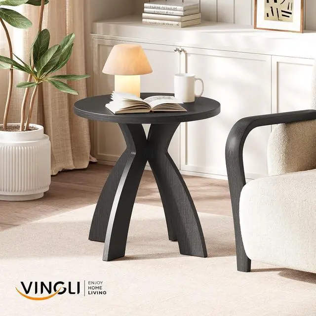 Alt view image 7 of 7 - VINGLI 24" Round Side Table with Cross Legs, Wood Side Table, Black | Mid Century Modern Side Table, Wooden Side Table X-legs for Living Room, Small space, Office