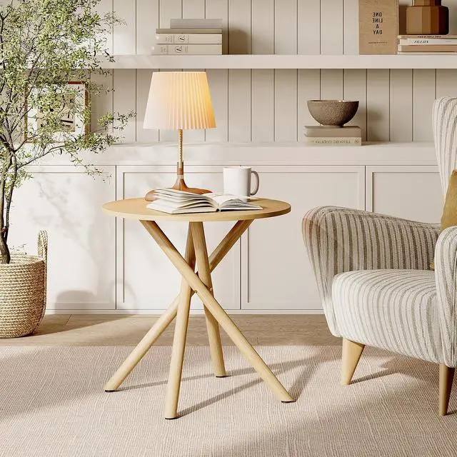 Alt view image 3 of 7 - VINGLI 24" Round Side Table Criss-Cross Legs, Rustic End Table, Natural Oak | Rustic Small Coffee Table for Small Spaces, Living Room, Bedroom, Office