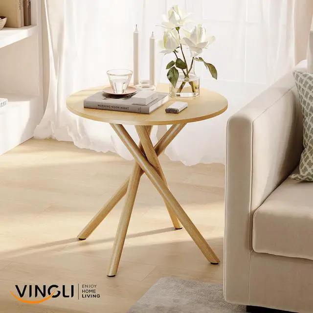 Alt view image 7 of 7 - VINGLI 24" Round Side Table Criss-Cross Legs, Rustic End Table, Natural Oak | Rustic Small Coffee Table for Small Spaces, Living Room, Bedroom, Office