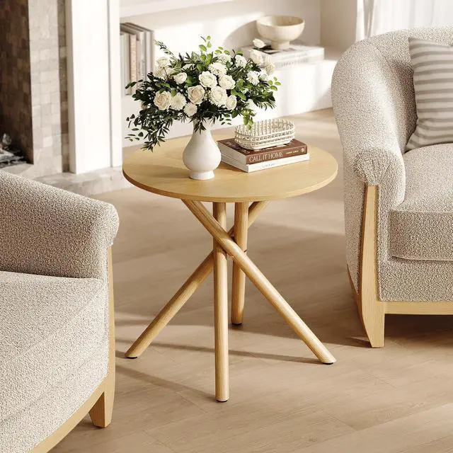 Alt view image 6 of 7 - VINGLI 24" Round Side Table Criss-Cross Legs, Rustic End Table, Natural Oak | Rustic Small Coffee Table for Small Spaces, Living Room, Bedroom, Office