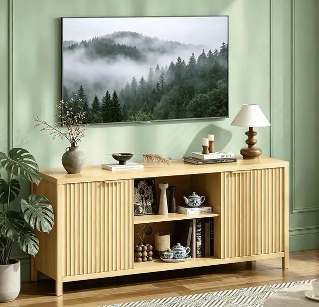 Main image of VINGLI 57.8" TV Stand for 70 Inch TV, Mid Century Modern Media Console with Adjustable Shelves and Cabinet Storage, Elegant Entertainment Center for Living Room, Oak