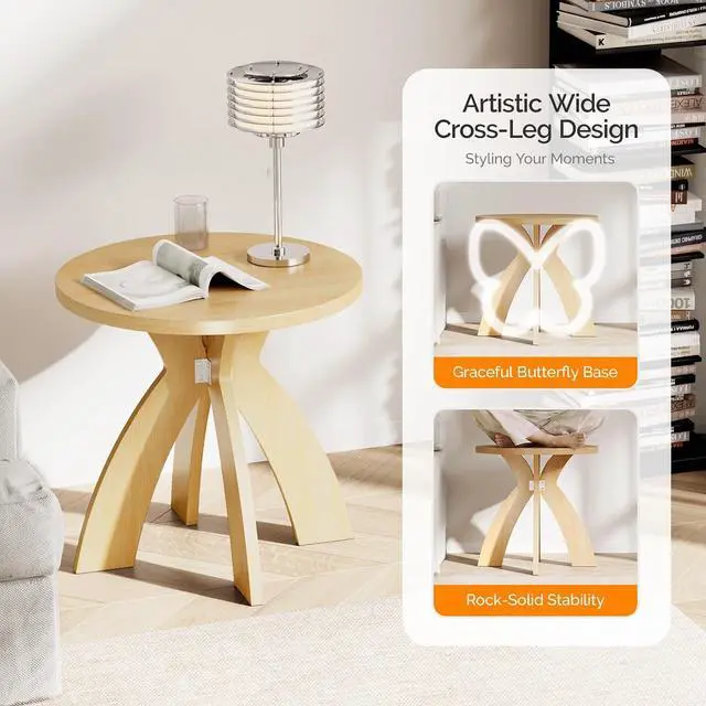 Alt view image 5 of 7 - VINGLI 24" Round Side Table with Cross Legs, Wood Side Table, Natural Oak | Mid Century Modern Side Table, Wooden Side Table X-legs for Living Room, Small space, Office