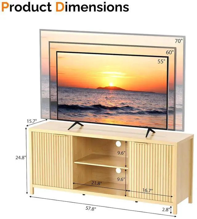 Alt view image 2 of 7 - VINGLI 57.8" TV Stand for 70 Inch TV, Mid Century Modern Media Console with Adjustable Shelves and Cabinet Storage, Elegant Entertainment Center for Living Room, Oak