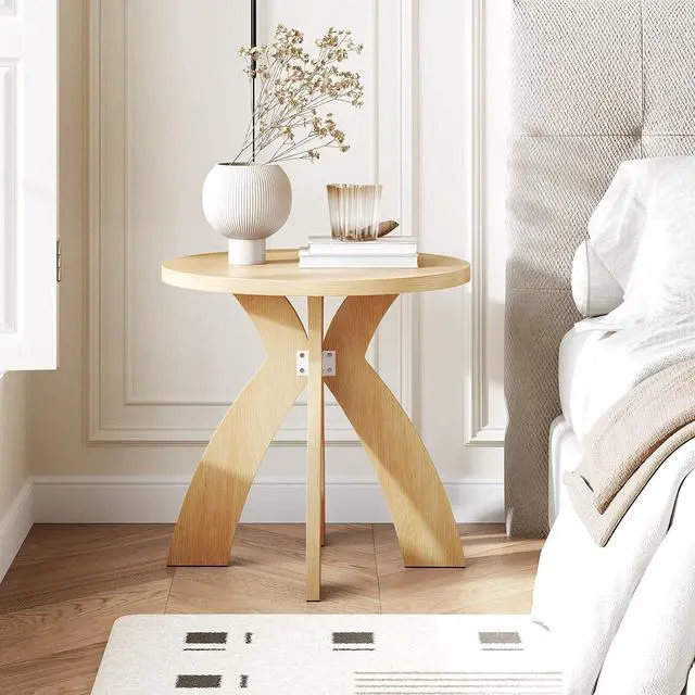 Alt view image 3 of 7 - VINGLI 24" Round Side Table with Cross Legs, Wood Side Table, Natural Oak | Mid Century Modern Side Table, Wooden Side Table X-legs for Living Room, Small space, Office