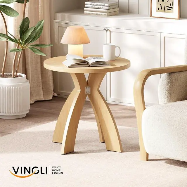 Alt view image 7 of 7 - VINGLI 24" Round Side Table with Cross Legs, Wood Side Table, Natural Oak | Mid Century Modern Side Table, Wooden Side Table X-legs for Living Room, Small space, Office