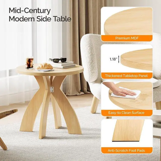 Alt view image 6 of 7 - VINGLI 24" Round Side Table with Cross Legs, Wood Side Table, Natural Oak | Mid Century Modern Side Table, Wooden Side Table X-legs for Living Room, Small space, Office