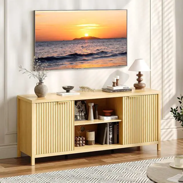 Alt view image 5 of 7 - VINGLI 57.8" TV Stand for 70 Inch TV, Mid Century Modern Media Console with Adjustable Shelves and Cabinet Storage, Elegant Entertainment Center for Living Room, Oak