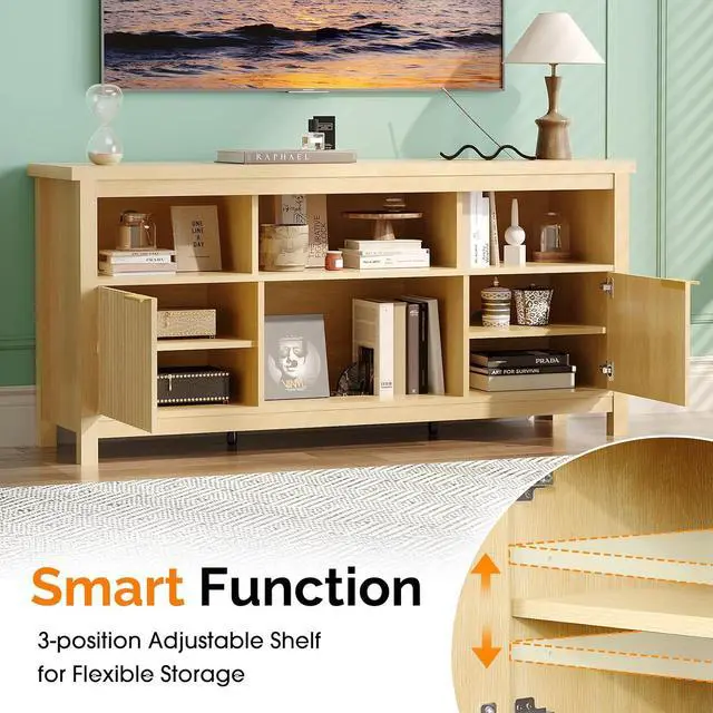 Alt view image 3 of 7 - VINGLI 58" Fluted TV Stand with Storage & Shelves, White Oak | 4 Fix Sheves, 2 Fluted Doors, Adjustable Sheves, Easy Cable Access, Easy Assembly