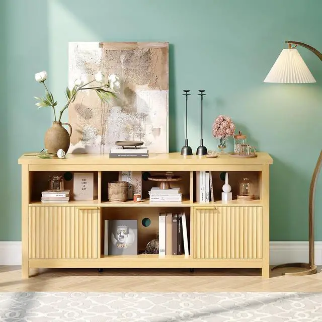 Alt view image 6 of 7 - VINGLI 58" Fluted TV Stand with Storage & Shelves, White Oak | 4 Fix Sheves, 2 Fluted Doors, Adjustable Sheves, Easy Cable Access, Easy Assembly