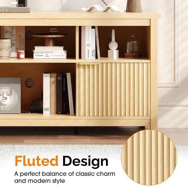 Alt view image 2 of 7 - VINGLI 58" Fluted TV Stand with Storage & Shelves, White Oak | 4 Fix Sheves, 2 Fluted Doors, Adjustable Sheves, Easy Cable Access, Easy Assembly