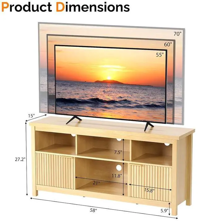 Alt view image 4 of 7 - VINGLI 58" Fluted TV Stand with Storage & Shelves, White Oak | 4 Fix Sheves, 2 Fluted Doors, Adjustable Sheves, Easy Cable Access, Easy Assembly