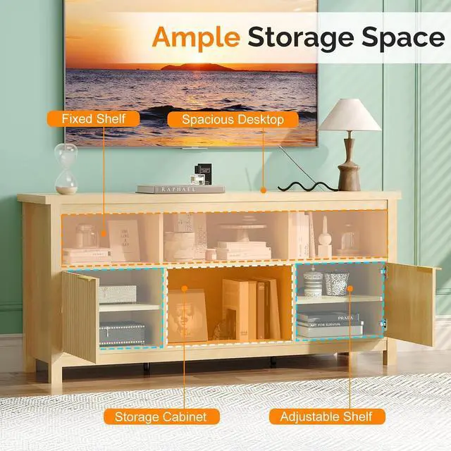 Alt view image 5 of 7 - VINGLI 58" Fluted TV Stand with Storage & Shelves, White Oak | 4 Fix Sheves, 2 Fluted Doors, Adjustable Sheves, Easy Cable Access, Easy Assembly