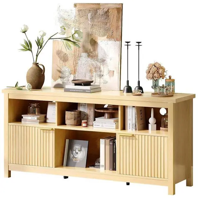 Alt view image 7 of 7 - VINGLI 58" Fluted TV Stand with Storage & Shelves, White Oak | 4 Fix Sheves, 2 Fluted Doors, Adjustable Sheves, Easy Cable Access, Easy Assembly
