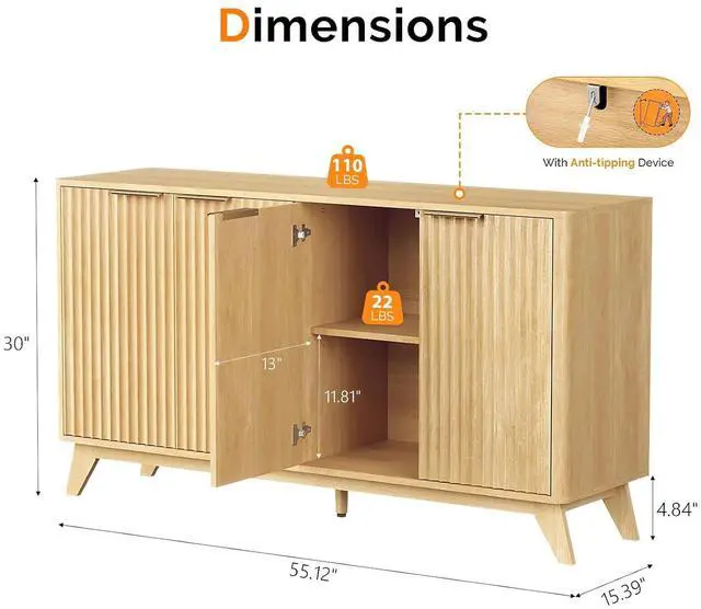 Alt view image 2 of 7 - VINGLI 55" Buffet Cabinet with Storage, Fluted 4 Doors Sideboard Cabinet with Adjustable Shelves, Modern Storage Cabinet with Doors for Kitchen, Dining Room & Living Room, Natural Oak
