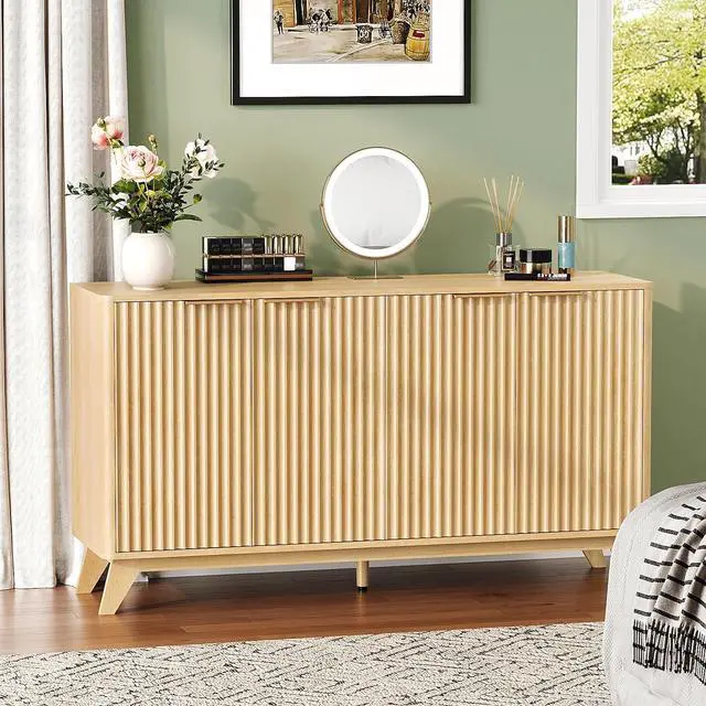 Main image of VINGLI 55" Buffet Cabinet with Storage, Fluted 4 Doors Sideboard Cabinet with Adjustable Shelves, Modern Storage Cabinet with Doors for Kitchen, Dining Room & Living Room, Natural Oak