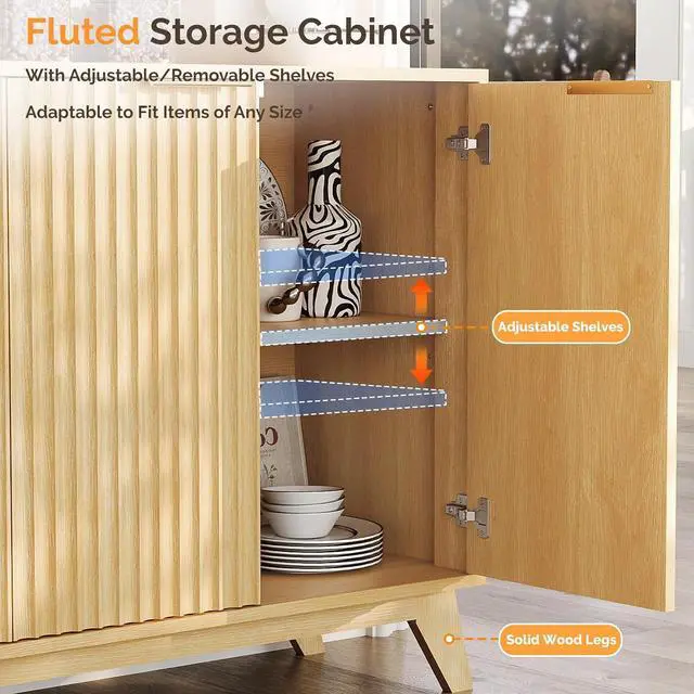 Alt view image 7 of 7 - VINGLI 55" Buffet Cabinet with Storage, Fluted 4 Doors Sideboard Cabinet with Adjustable Shelves, Modern Storage Cabinet with Doors for Kitchen, Dining Room & Living Room, Natural Oak