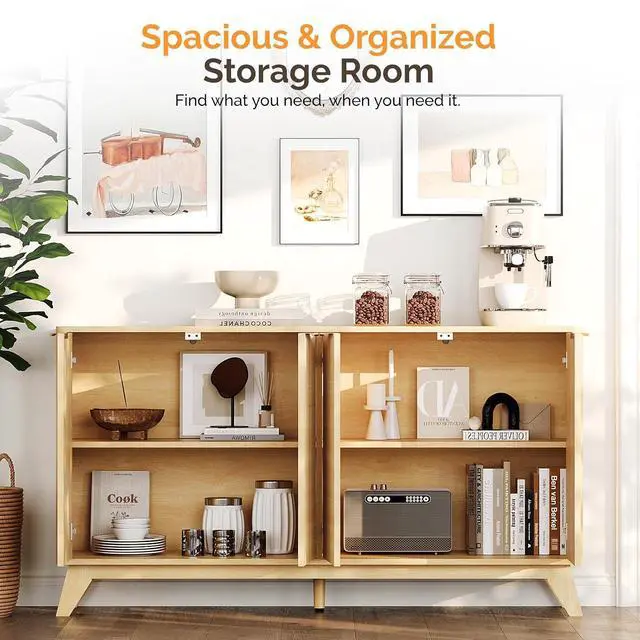 Alt view image 5 of 7 - VINGLI 55" Buffet Cabinet with Storage, Fluted 4 Doors Sideboard Cabinet with Adjustable Shelves, Modern Storage Cabinet with Doors for Kitchen, Dining Room & Living Room, Natural Oak