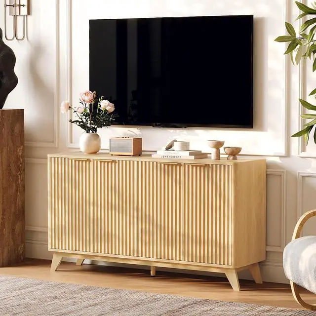 Alt view image 4 of 7 - VINGLI 55" Buffet Cabinet with Storage, Fluted 4 Doors Sideboard Cabinet with Adjustable Shelves, Modern Storage Cabinet with Doors for Kitchen, Dining Room & Living Room, Natural Oak