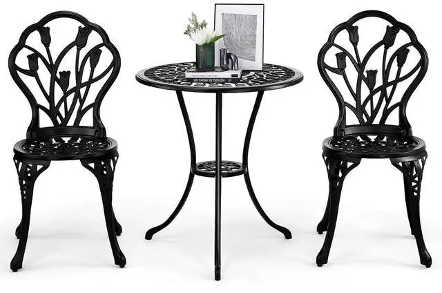 Main image of VINGLI 3 PCS Outdoor Bistro Set, Outdoor Patio Set, All-Weather Cast Aluminum Bistro Table Set, Bistro Table and Chairs Set of 2 for Backyard, Garden, Balcony (Black, Tulip)