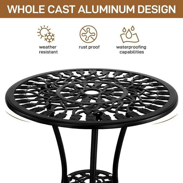 Alt view image 3 of 7 - VINGLI 3 PCS Outdoor Bistro Set, Outdoor Patio Set, All-Weather Cast Aluminum Bistro Table Set, Bistro Table and Chairs Set of 2 for Backyard, Garden, Balcony (Black, Tulip)