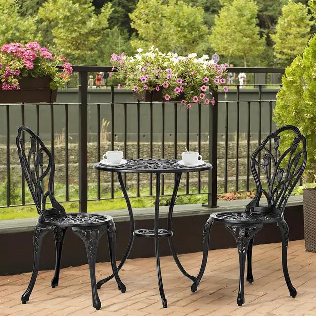 Alt view image 2 of 7 - VINGLI 3 PCS Outdoor Bistro Set, Outdoor Patio Set, All-Weather Cast Aluminum Bistro Table Set, Bistro Table and Chairs Set of 2 for Backyard, Garden, Balcony (Black, Tulip)