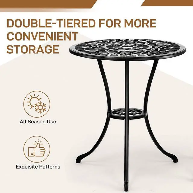 Alt view image 5 of 7 - VINGLI 3 PCS Outdoor Bistro Set, Outdoor Patio Set, All-Weather Cast Aluminum Bistro Table Set, Bistro Table and Chairs Set of 2 for Backyard, Garden, Balcony (Black, Tulip)