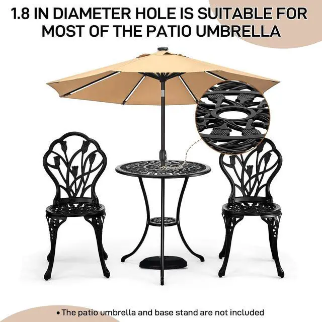 Alt view image 6 of 7 - VINGLI 3 PCS Outdoor Bistro Set, Outdoor Patio Set, All-Weather Cast Aluminum Bistro Table Set, Bistro Table and Chairs Set of 2 for Backyard, Garden, Balcony (Black, Tulip)