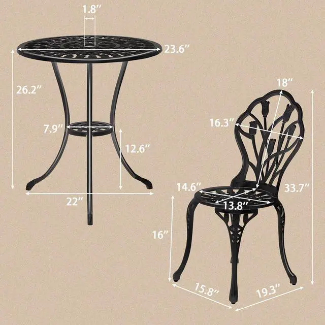 Alt view image 7 of 7 - VINGLI 3 PCS Outdoor Bistro Set, Outdoor Patio Set, All-Weather Cast Aluminum Bistro Table Set, Bistro Table and Chairs Set of 2 for Backyard, Garden, Balcony (Black, Tulip)
