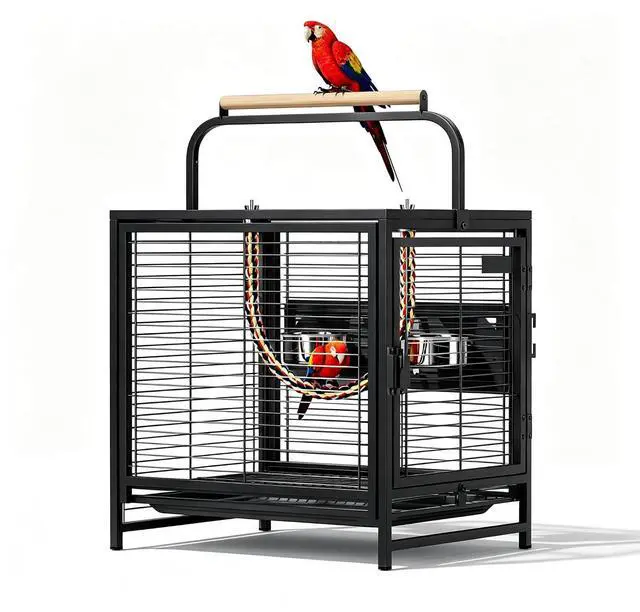 Main image of VINGLI Small Bird Cage, 19 inch Travel Carrier Bird Cage with Handle, Wrought Iron Parakeet Cage with Wooden Perch for Parrot Lovebirds Finches Small/Medium Birds (Matte Black)