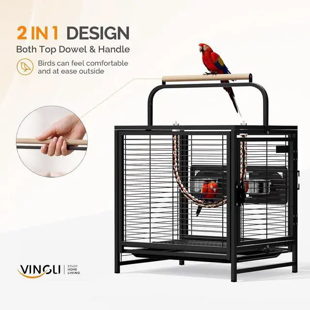 Alt view image 3 of 7 - VINGLI Small Bird Cage, 19 inch Travel Carrier Bird Cage with Handle, Wrought Iron Parakeet Cage with Wooden Perch for Parrot Lovebirds Finches Small/Medium Birds (Matte Black)